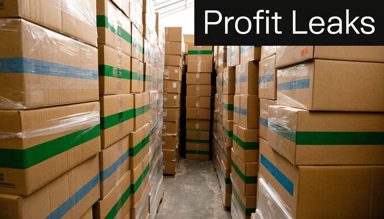 Stacks of brown cardboard boxes wrapped in clear plastic film in a dimly lit warehouse environment.