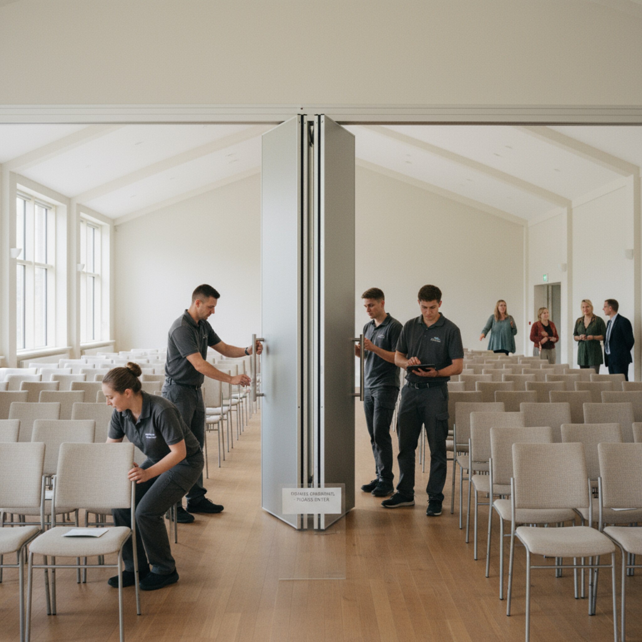 Zwei verbundene Säle werden mit einer mobilen Trennwand geöffnet, Stuhlreihen verlängern sich fließend. Ein dezentes Türschild zeigt den Status des Raums. Die Crew koordiniert ruhig, alles greift ineinander, der Ablauf wirkt abgestimmt und frei von Kollisionen.