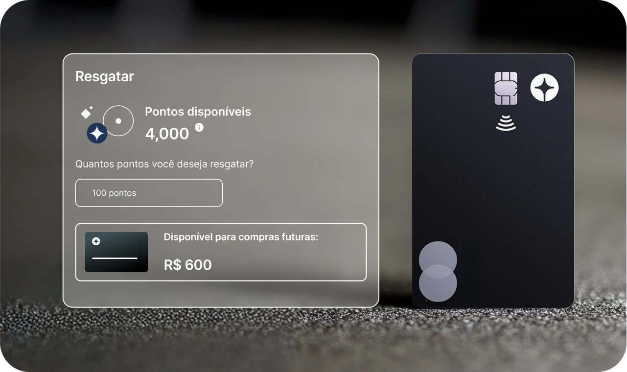 Cartão Clara Black empresarial com tela de resgate de pontos de recompensas no app