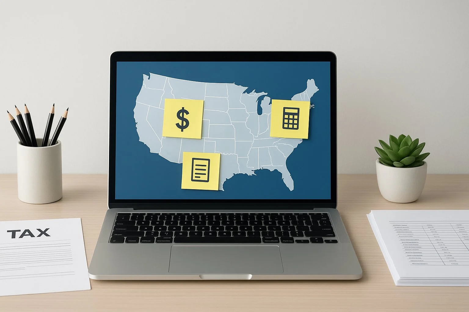 Modern desk with a laptop showing a U.S. map and sticky notes with tax icons like dollar signs and calculators, alongside neatly arranged papers for business tax planning.