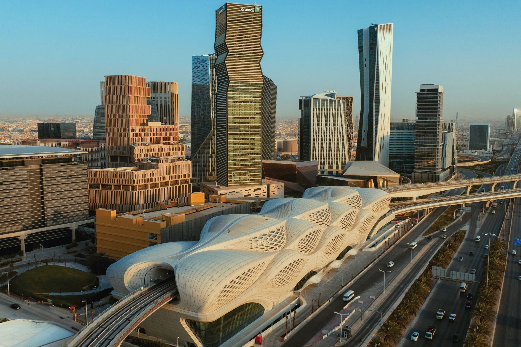 An aerial view of the KAFD Metro station in Riyadh