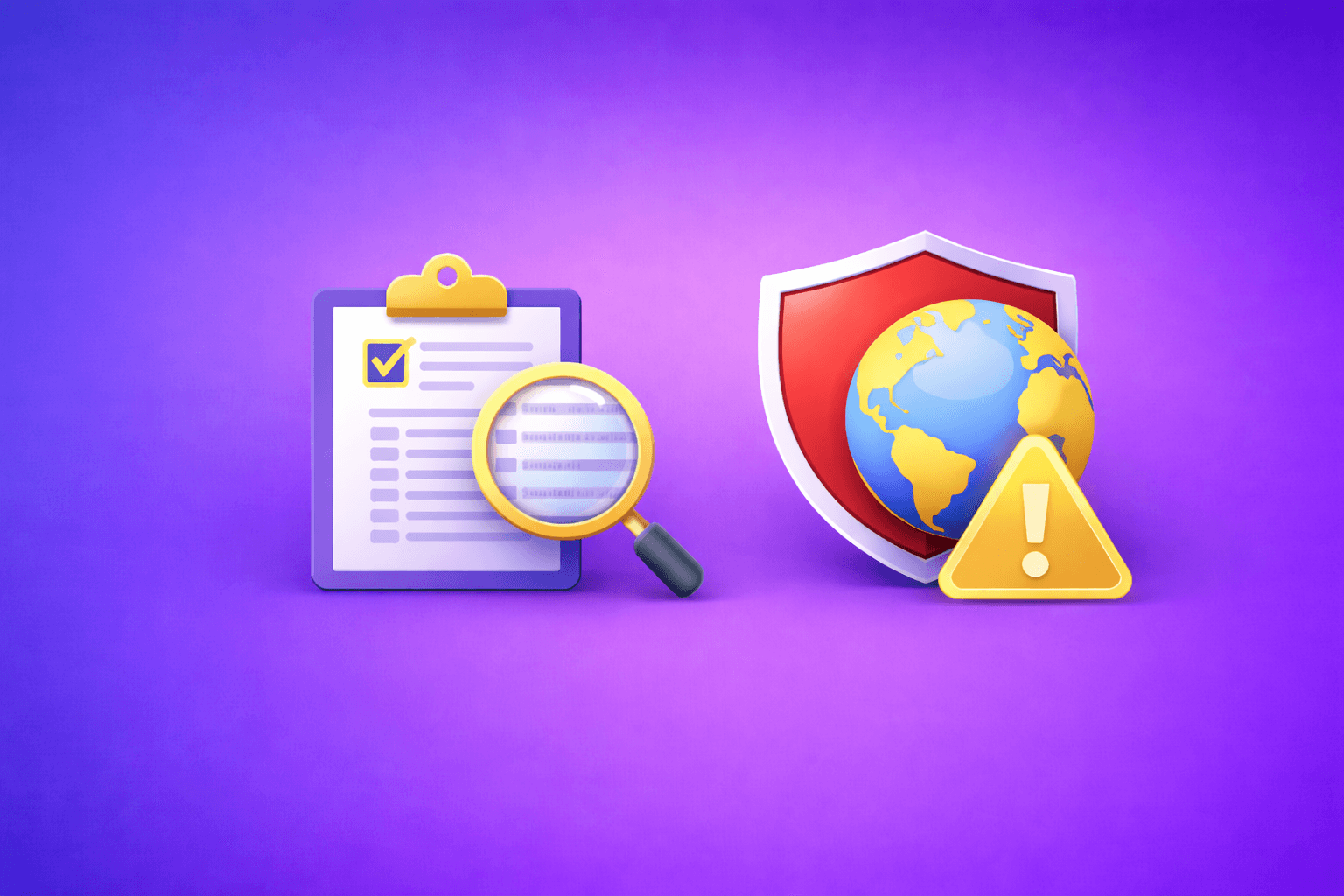 Customer screening fintech illustration with magnifying glass icon on blue to purple gradient background, representing AML compliance, real-time risk assessment, and identity verification for financial institutions.