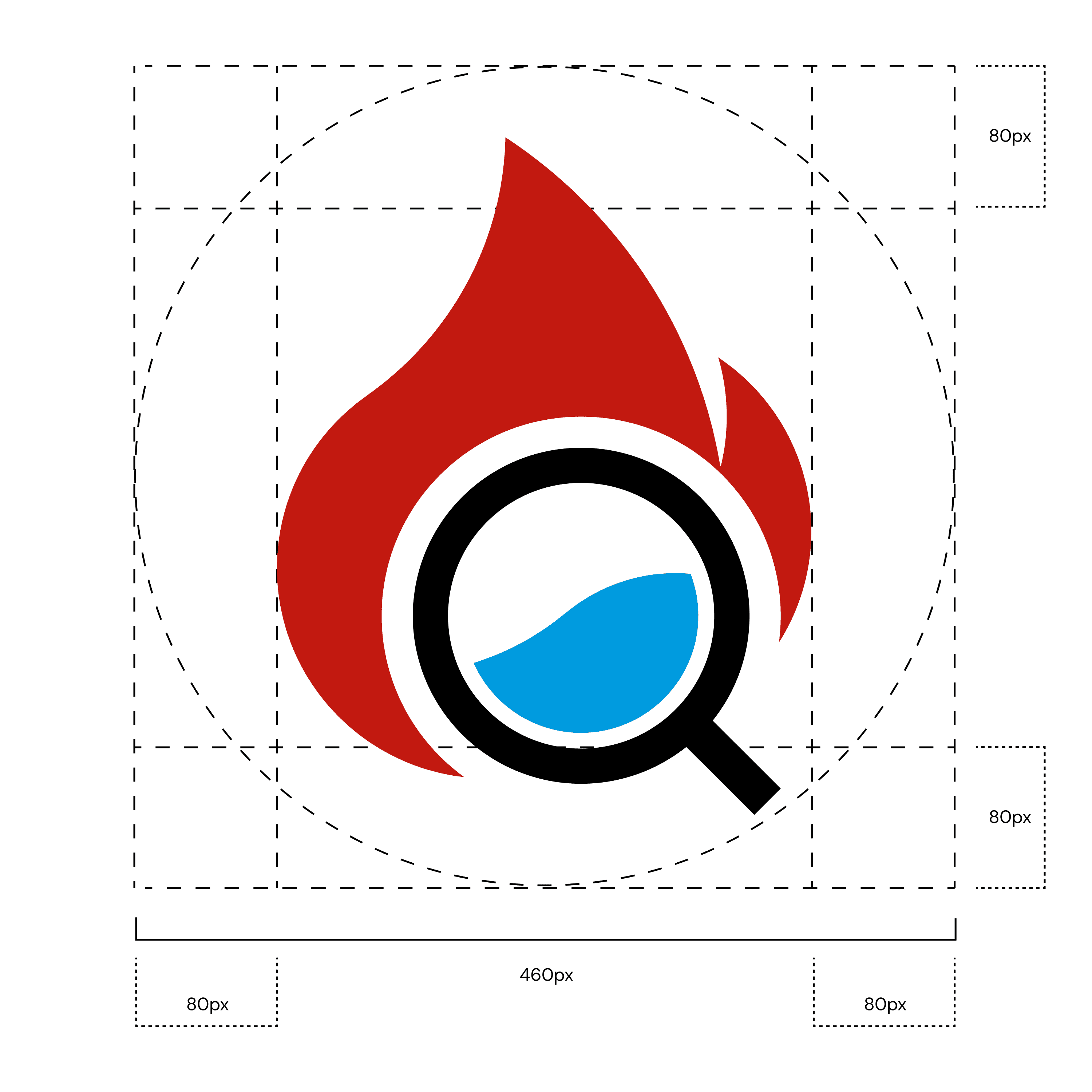 AJS Oil Heating and Leak Detection logomark construction sheet showing clearspace guidelines and icon sizing, designed by Woolly Mammoth Design