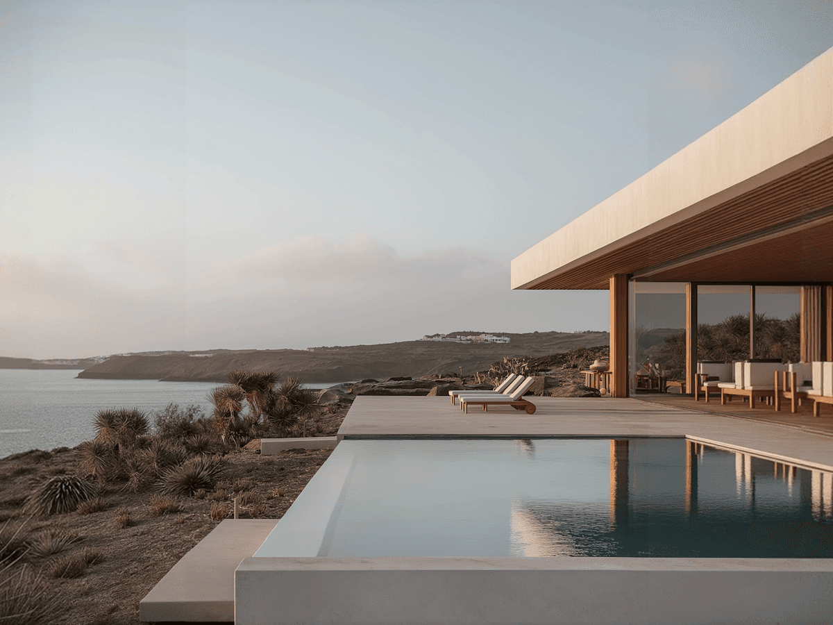 Modern minimalist house with a pool overlooking a coastal landscape at sunset