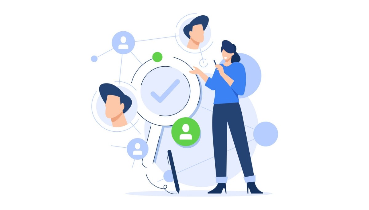 Illustration of a person interacting with a network of connected profile icons, with a central checkmark symbolizing candidate selection—representing the process of identifying and engaging passive job seekers through digital connections.