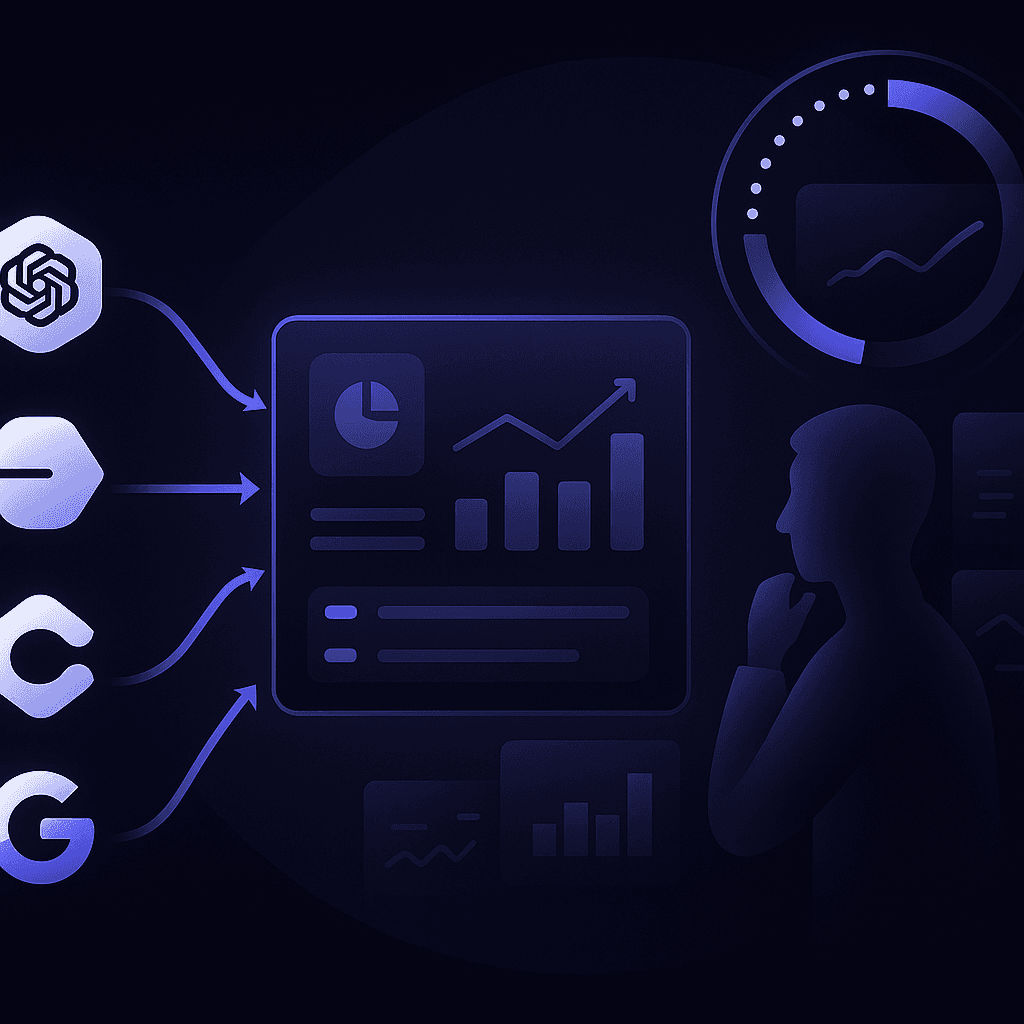 Flow diagram of AI engines feeding citation data into a dashboard that tracks brand visibility and share-of-voice