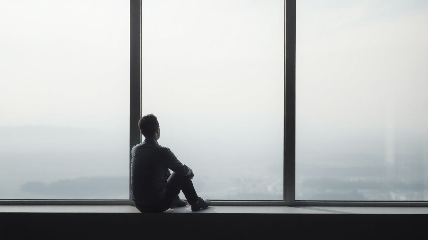 Lone figure contemplating a serene landscape through a window.