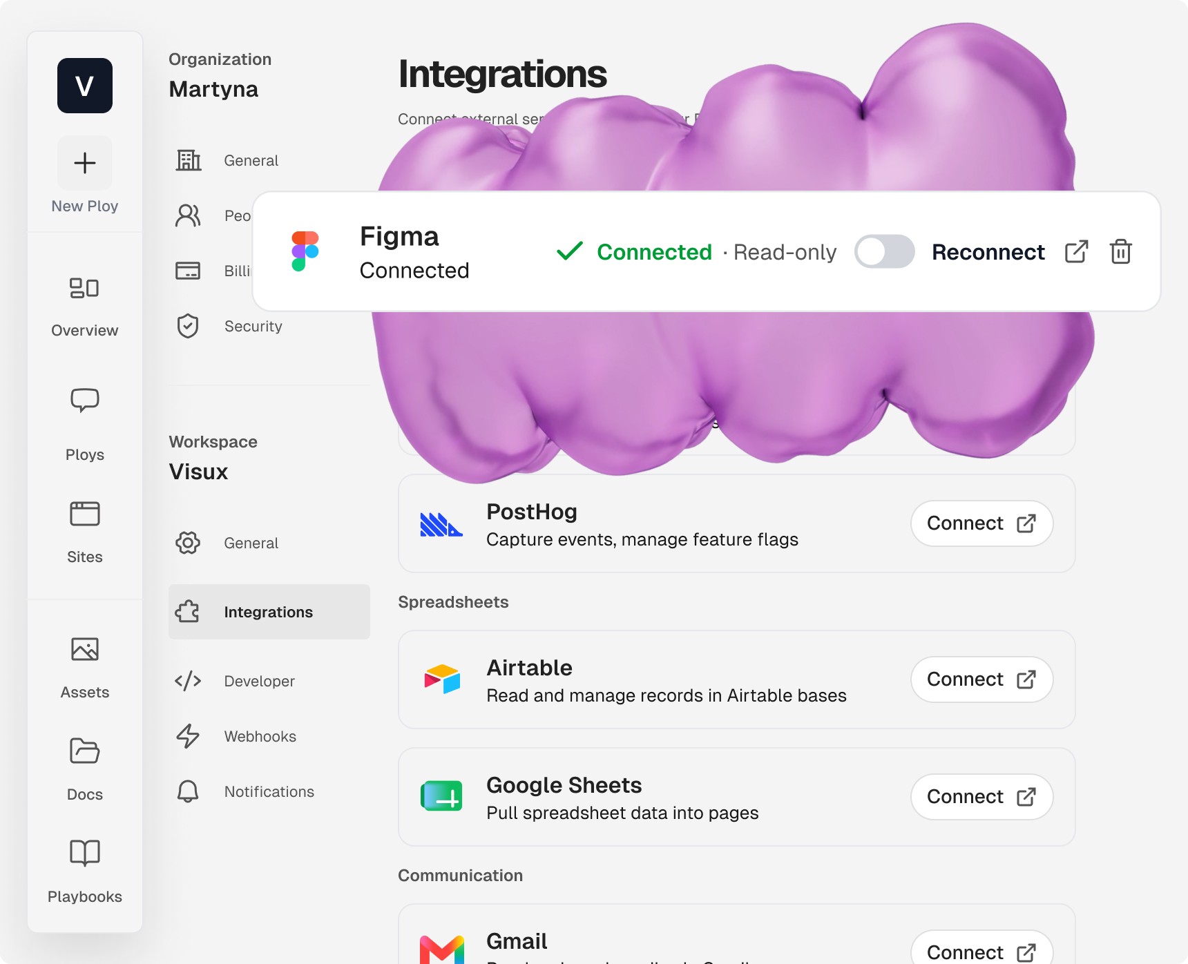 Ploy Integrations settings showing Figma connected in read-only mode, with PostHog, Airtable, Google Sheets, and Gmail available to connect.