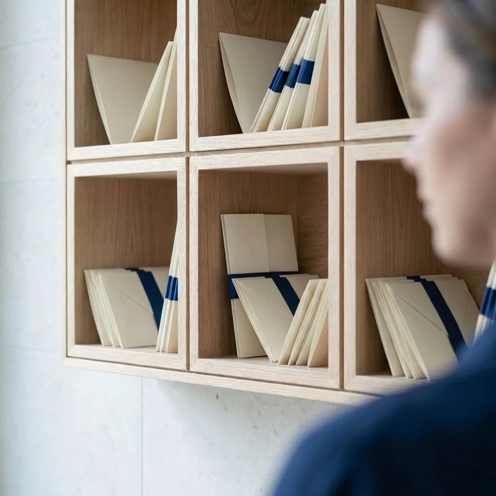 Holzregal voller Stapel cremefarbener Umschläge; unscharfe Person im Vordergrund.