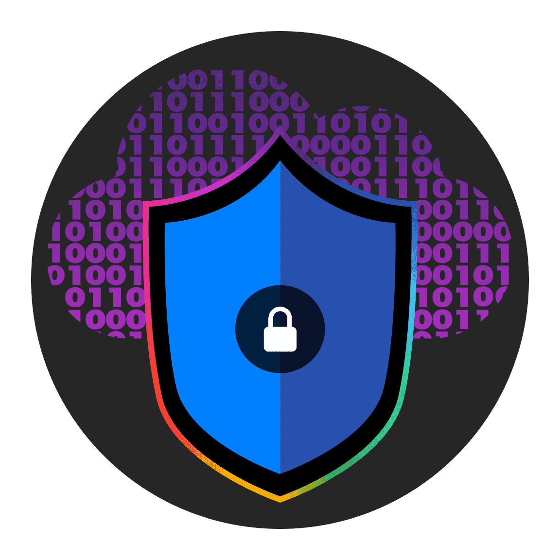 Icon met een blauw schild en een slot, tegen een ronde achtergrond met een paarse wolkenontwerp.