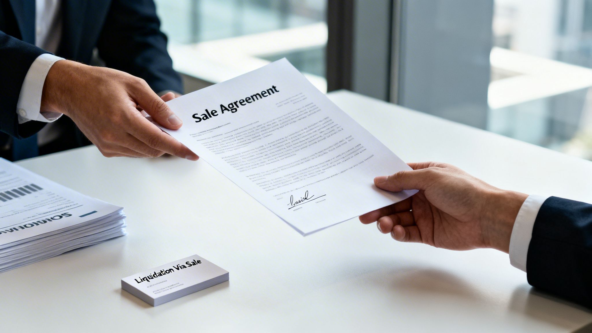 Two business professionals exchanging a 'Sale Agreement' document on a white desk, with business cards.