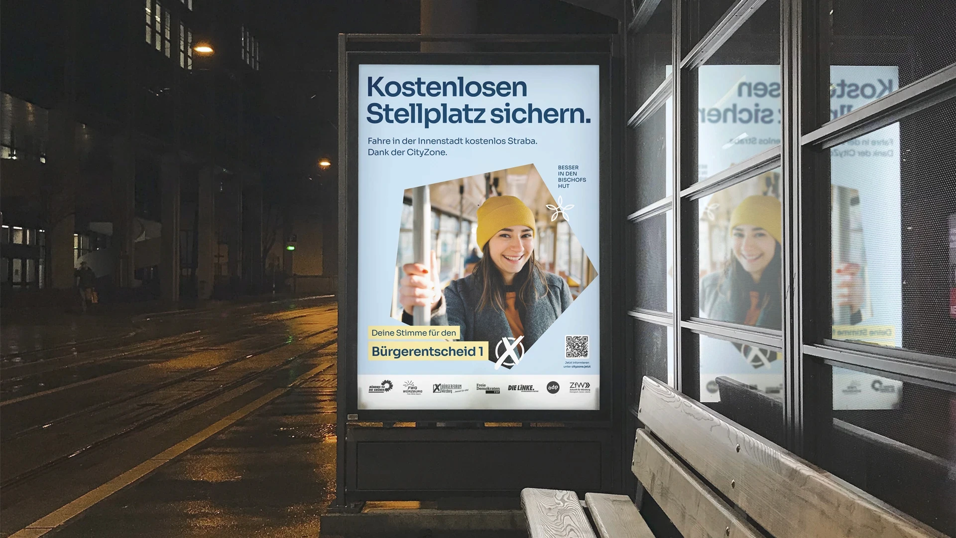 Werbung an Bushaltestelle für die politsche Kampagne des Bürgerentscheids für bessere Mobilität in der Würzburger Innenstadt, gestatet und konzipiert von der Agentur fjnland