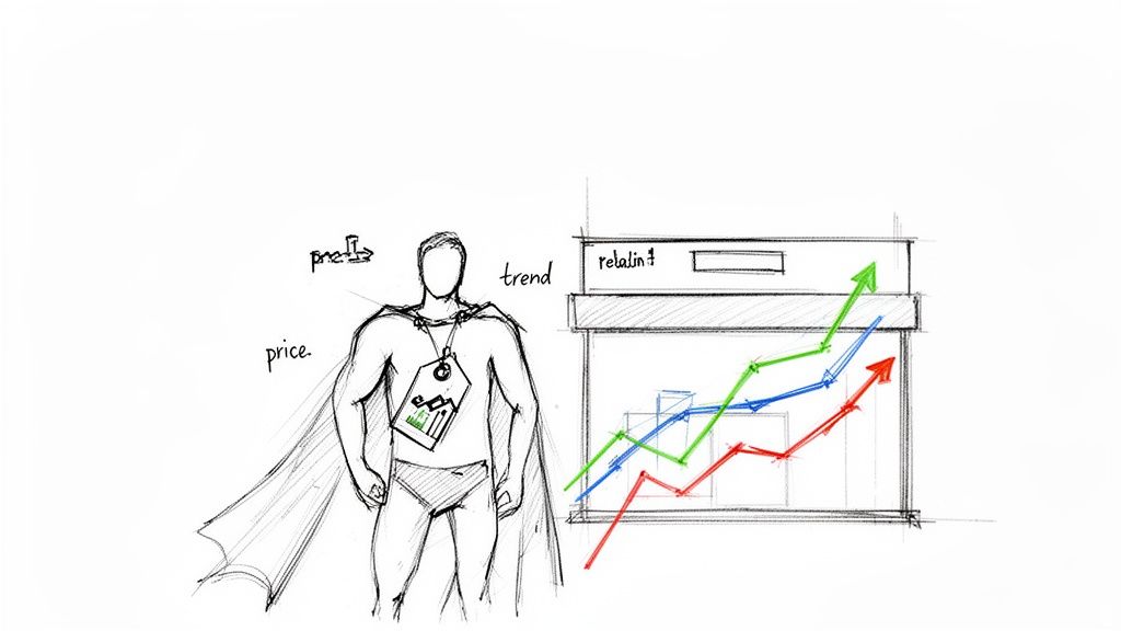 Hand-drawn superhero with price tag, text