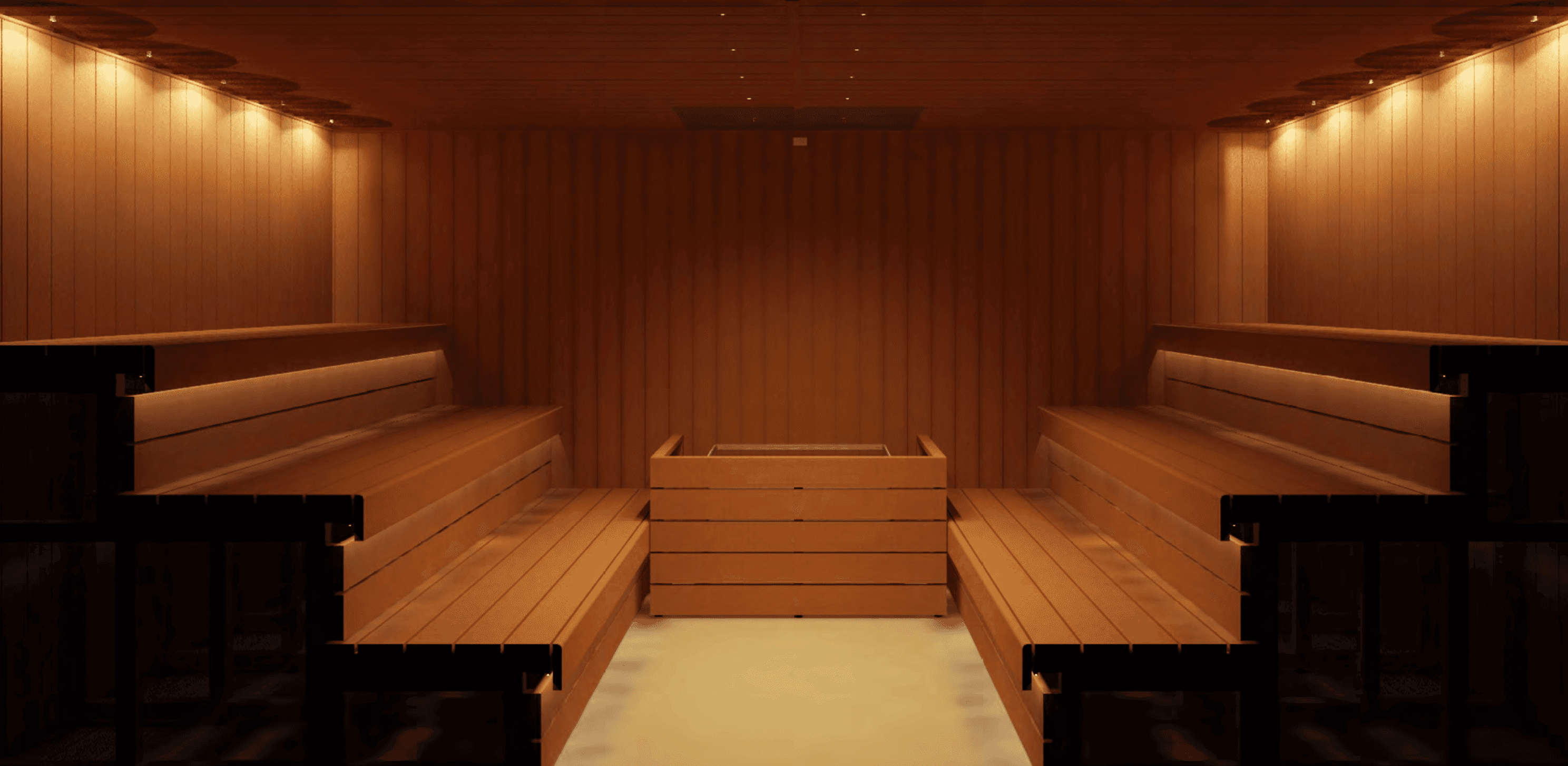 a wooden room with a bench and a light