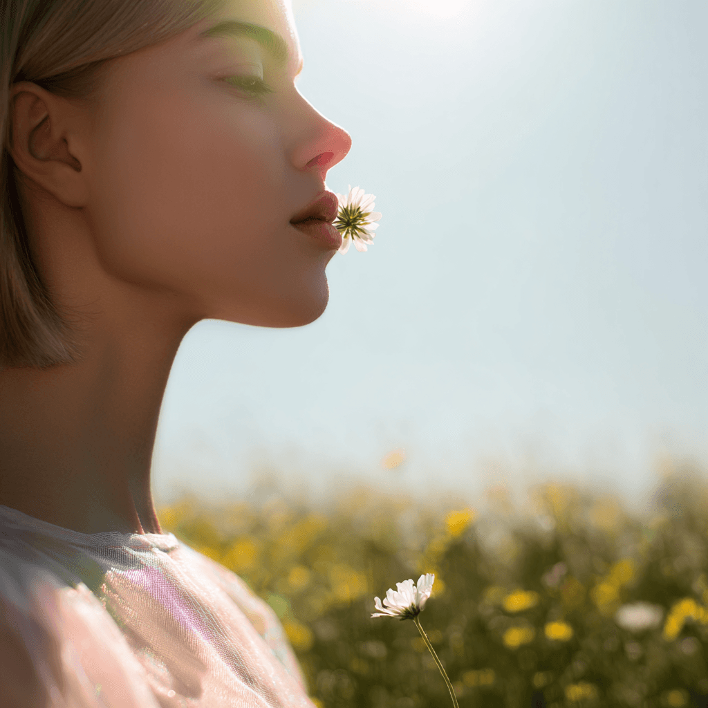 Women standing with flower in green field portrait
