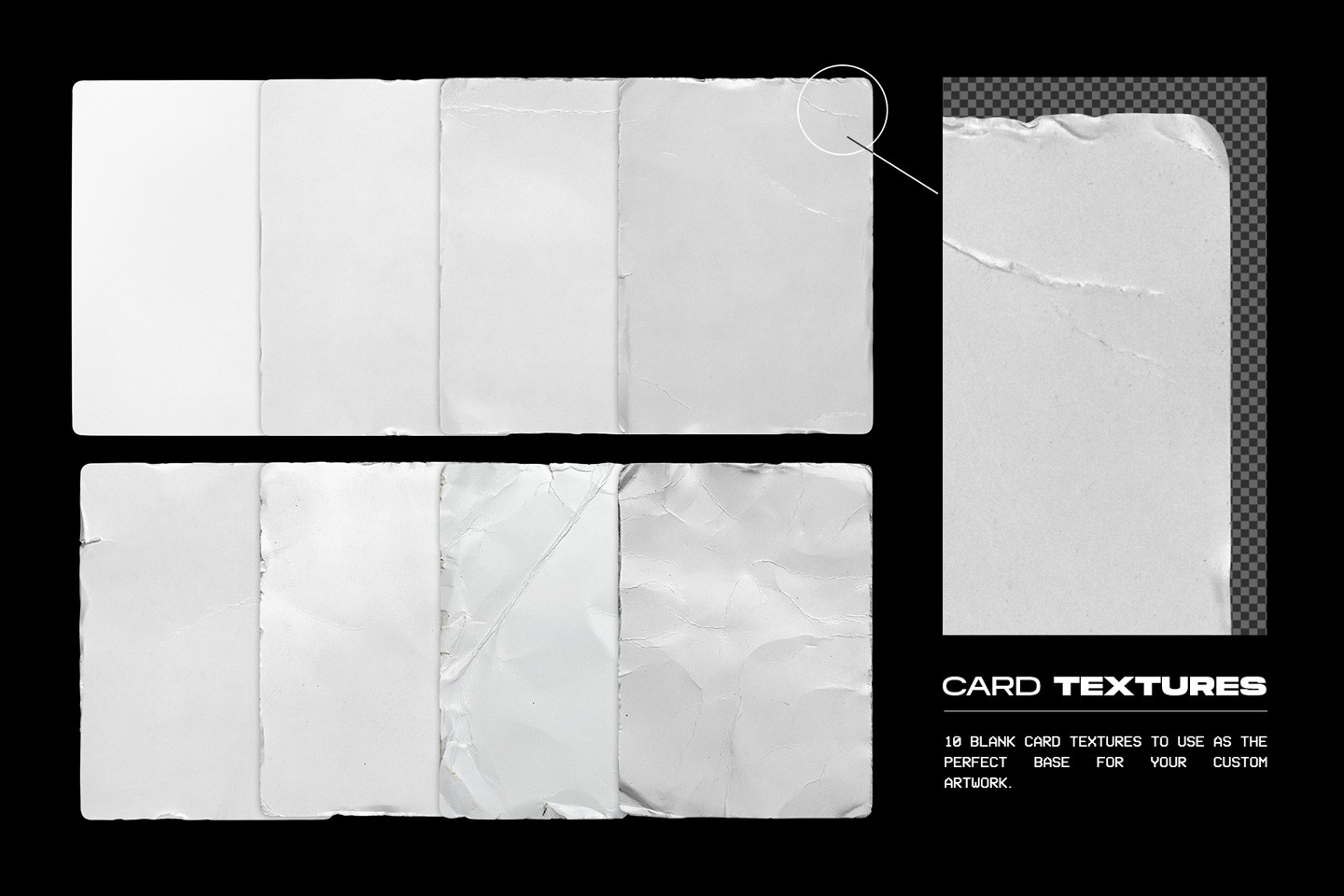 Trading card case mockups blank card texture pack with folded and wrinkled paper surfaces