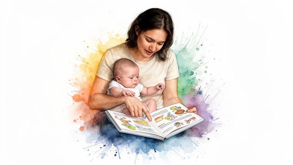 A mother holds her baby, pointing at a colorful picture book with an engaging watercolor background.
