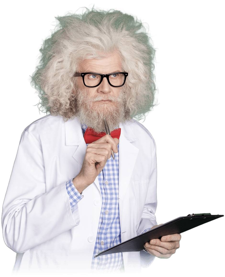 brilliant scientist, Einstein lookalike figure, taking notes on a clipboard