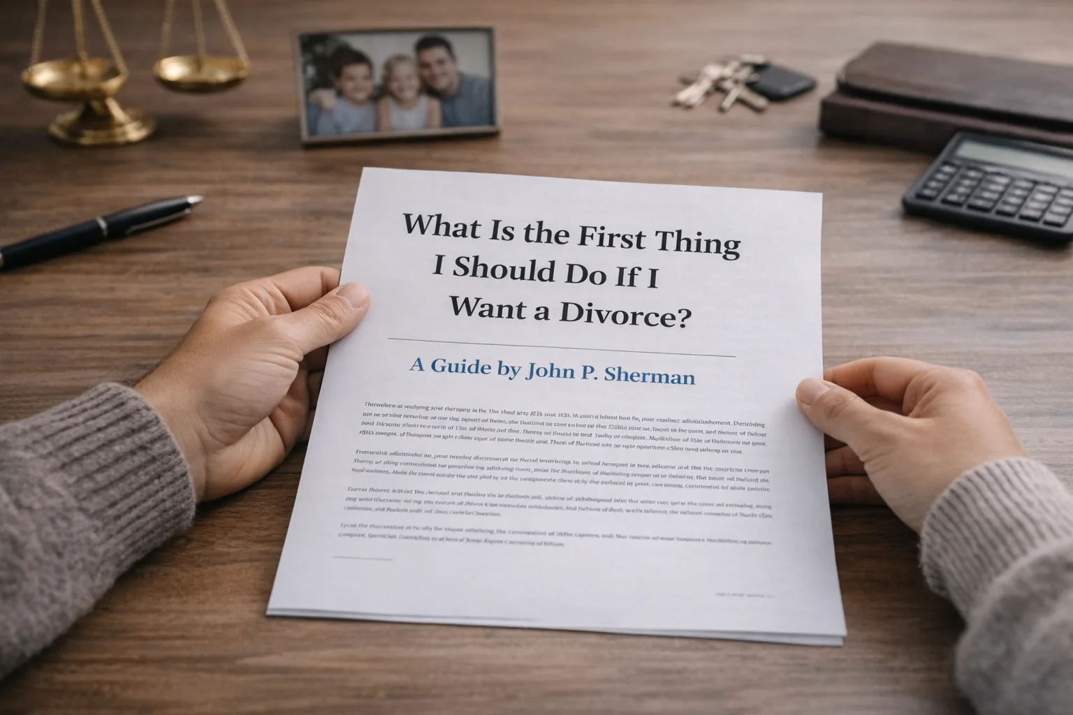 Close-up of a person holding a printed guide titled ‘What Is the First Thing I Should Do If I Want a Divorce?’ by John P. Sherman on a desk with a family photo, keys, pen, and calculator, symbolizing the first practical steps before filing for divorce in Florida.