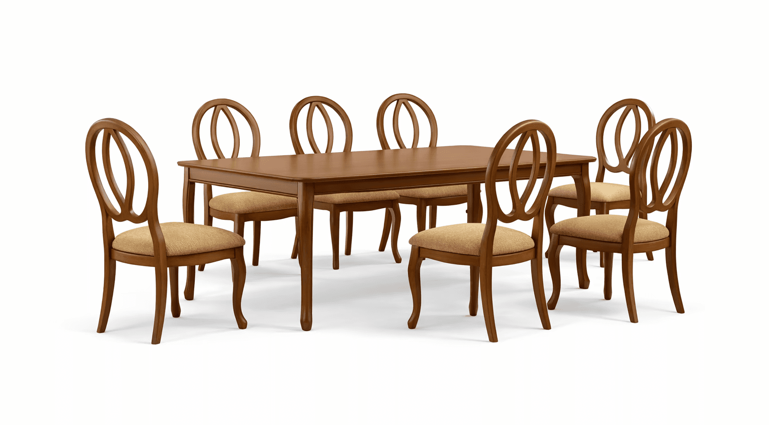 Classic Wood dining table with flat apron detailing, paired with oval‑back wooden chairs