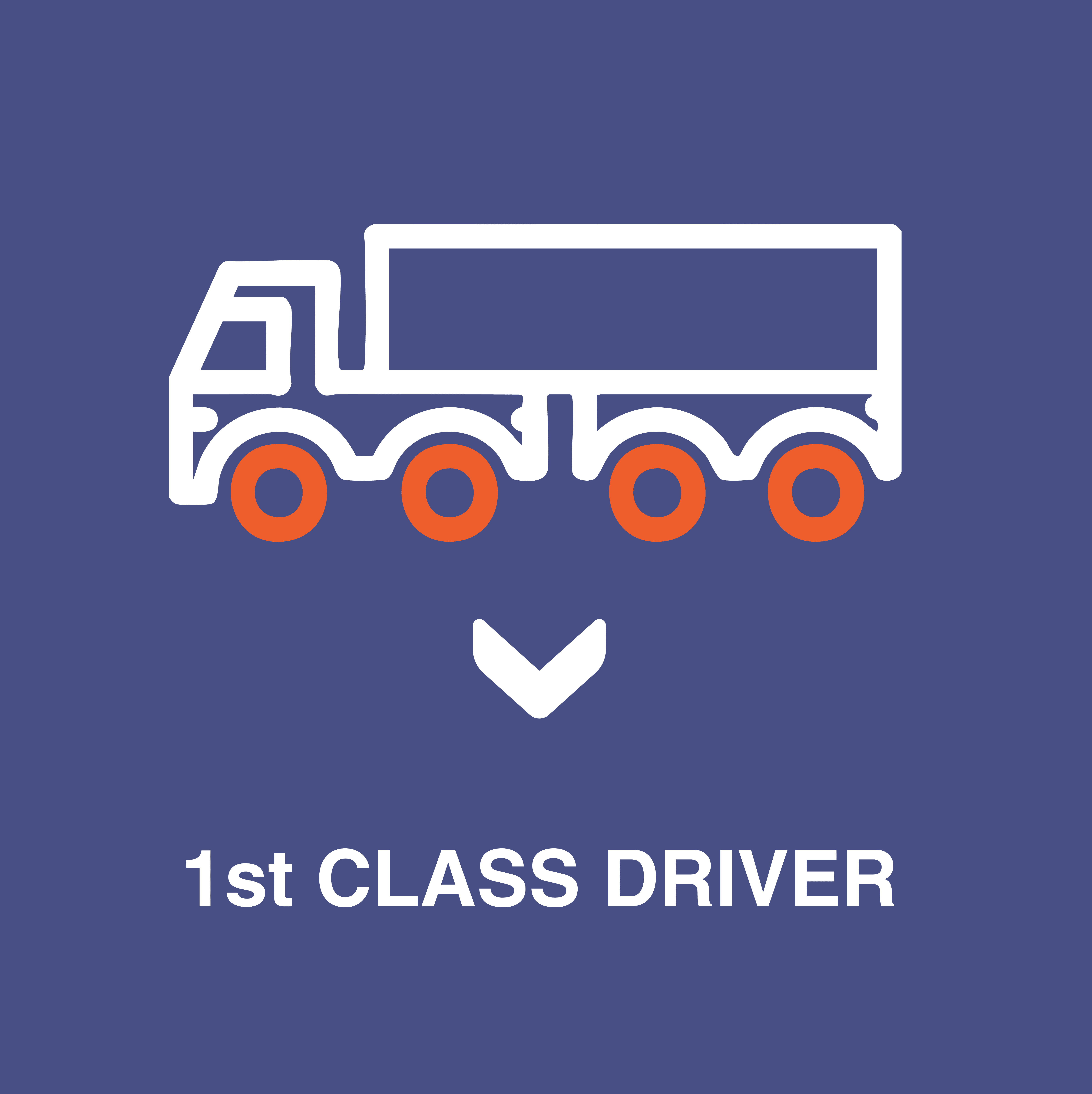 icon of a white truck with orange wheels on a blue background with text that says 1st class driver