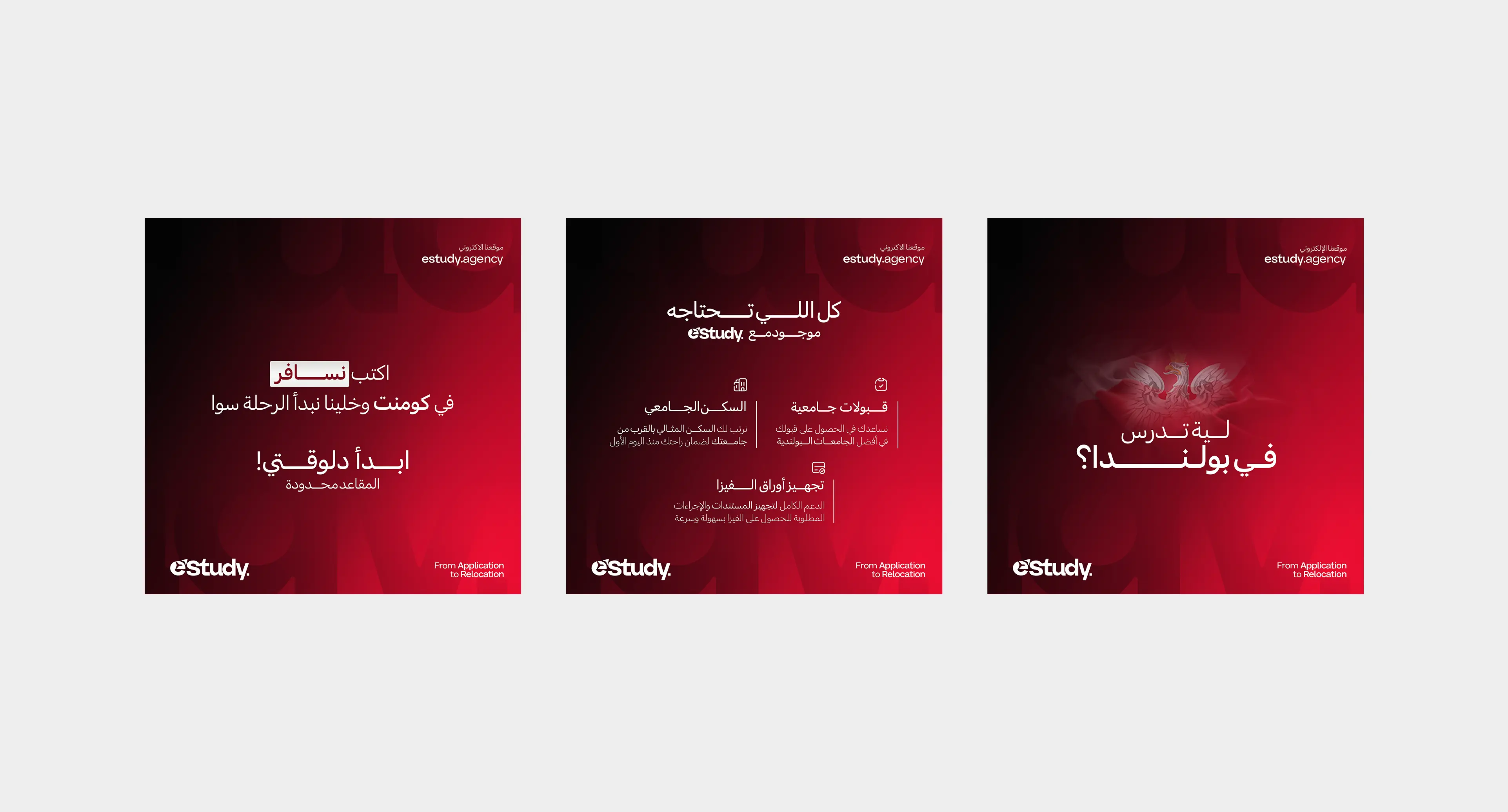 Estudy Arabic social media content series featuring three branded Instagram posts about agency identity, services, and studying in Poland