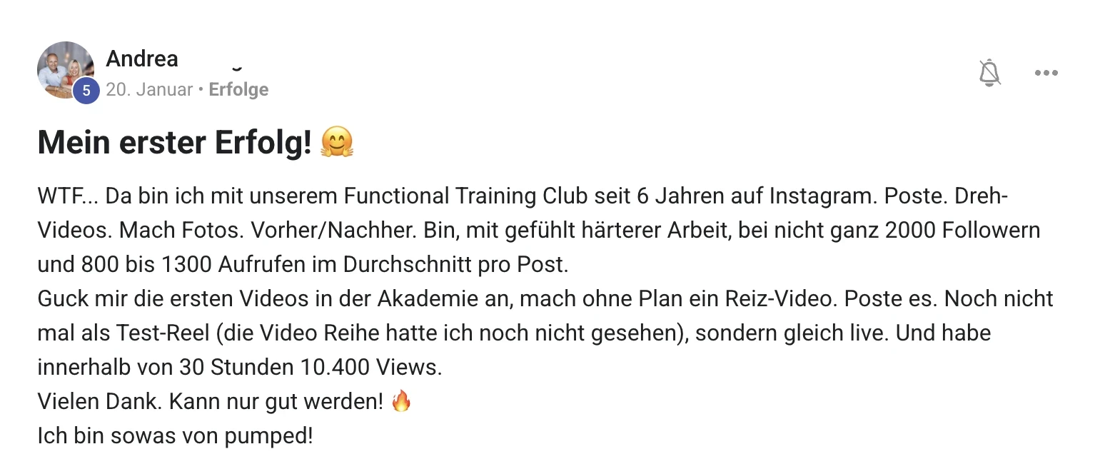 Erfahrungsbericht KI Creator Akademie: Fitnesstrainerin Andrea erreicht 10.400 Instagram-Views in 30 Stunden
