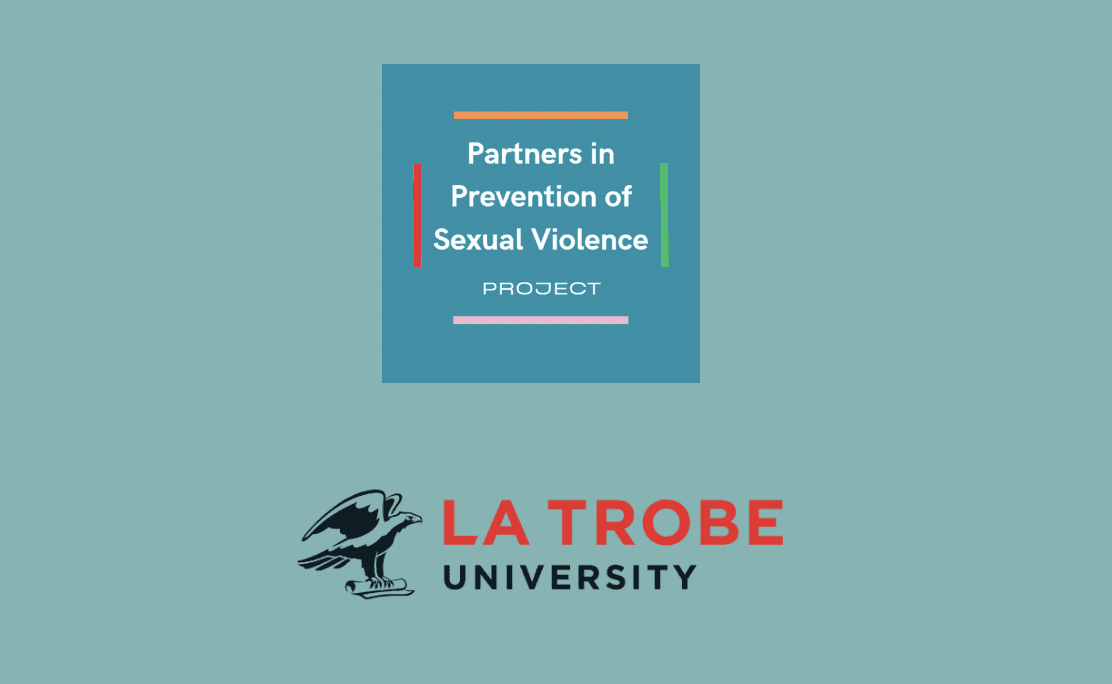 The Partners in Prevention of Sexual Violence Project logo, and the La Trobe University logo. They are on a green backdrop. 