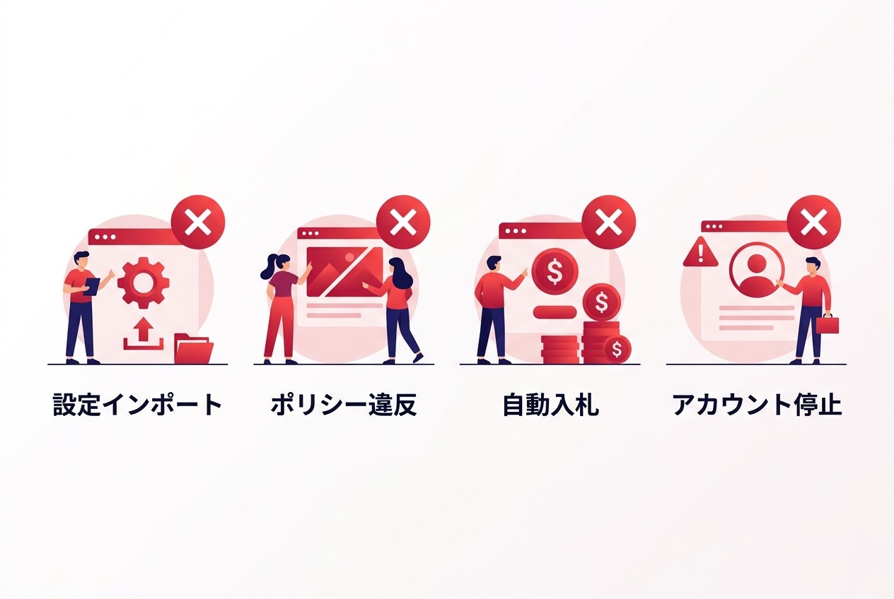 Google広告からの設定インポート→ポリシー違反→過度な自動入札→アカウント停止という失敗パターン。各段階での対策により、安定運用を実現できる。