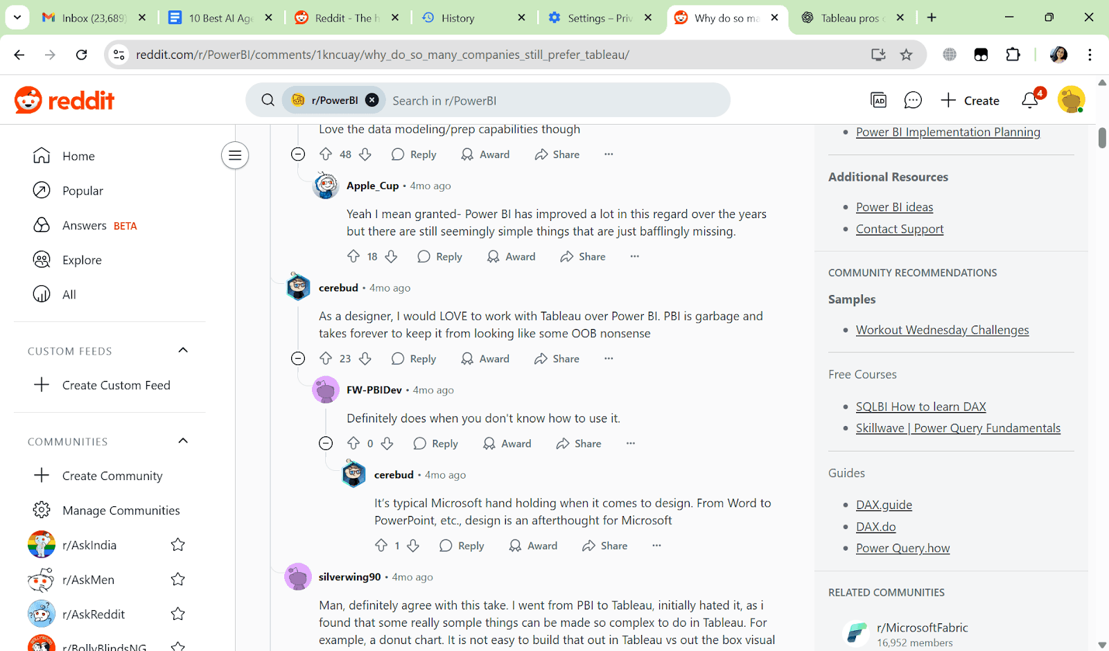 Reddit discussion comparing Tableau and Power BI, with users highlighting design flexibility and usability differences