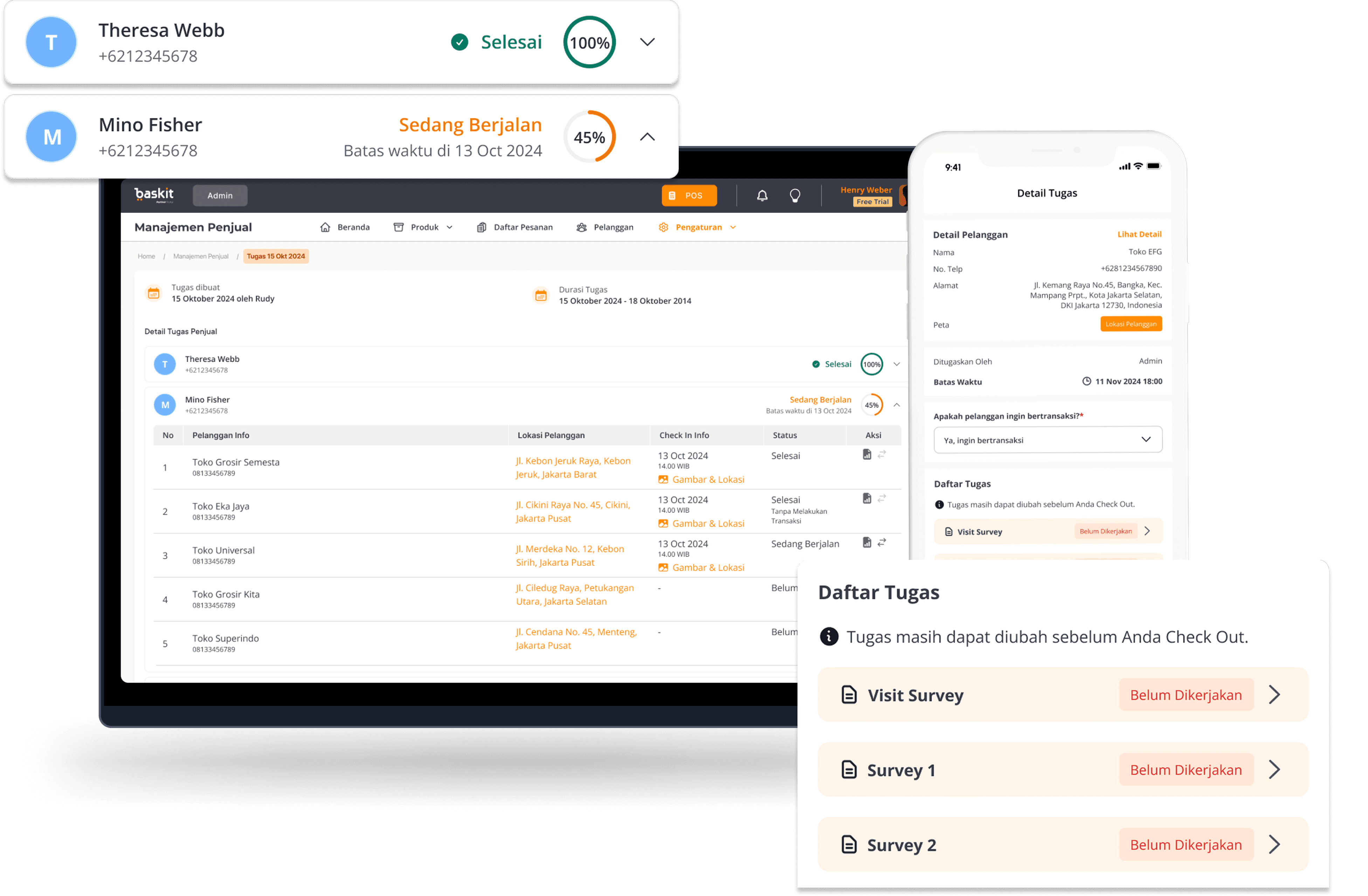 Sales Force Automation interface showing task management, field visit tracking, and mobile order capture features
