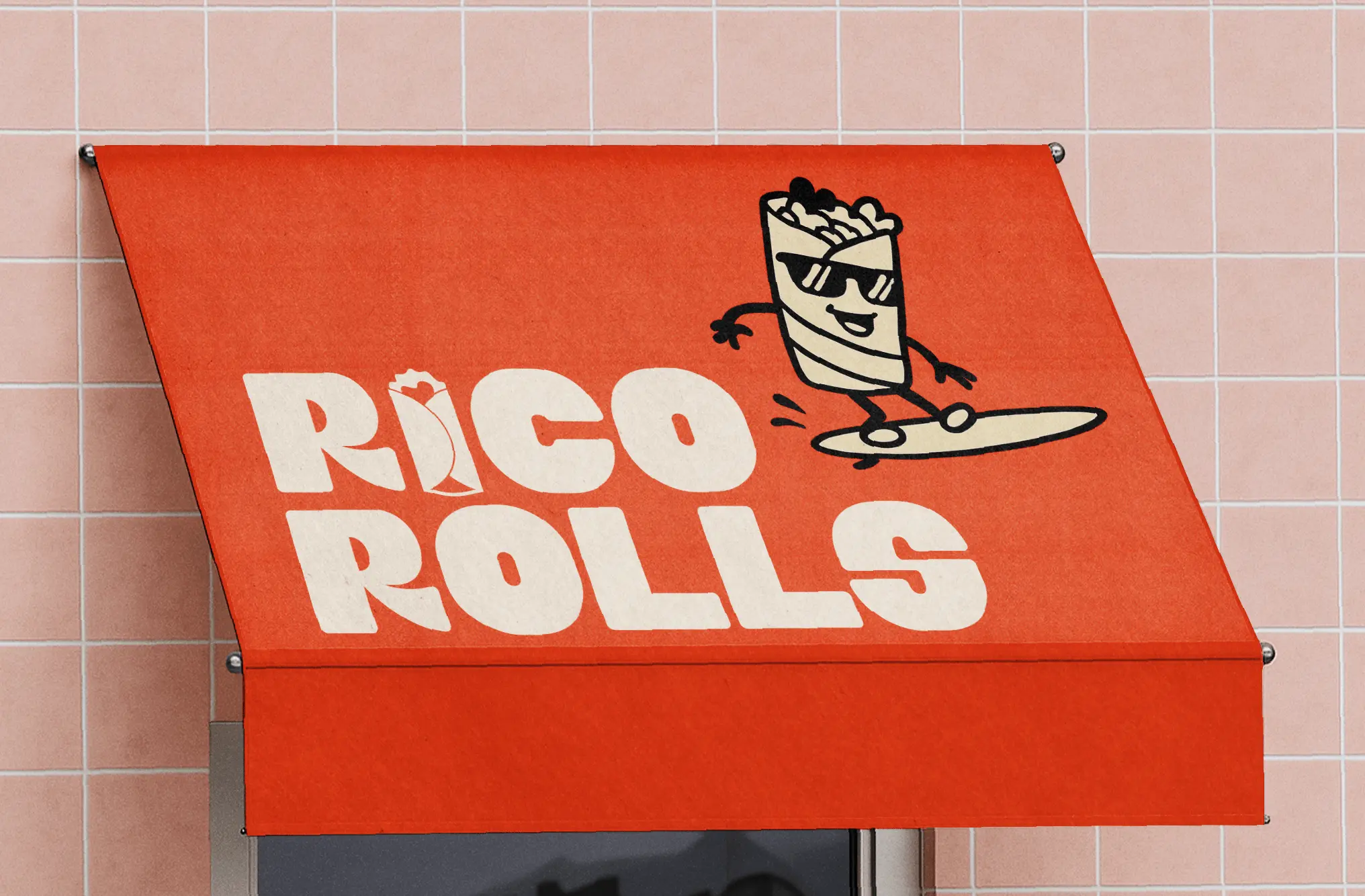 Rico Rolls brand mascot illustration on a red storefront awning, featuring a cool wrap character wearing sunglasses and skateboarding above the bold Rico Rolls logo