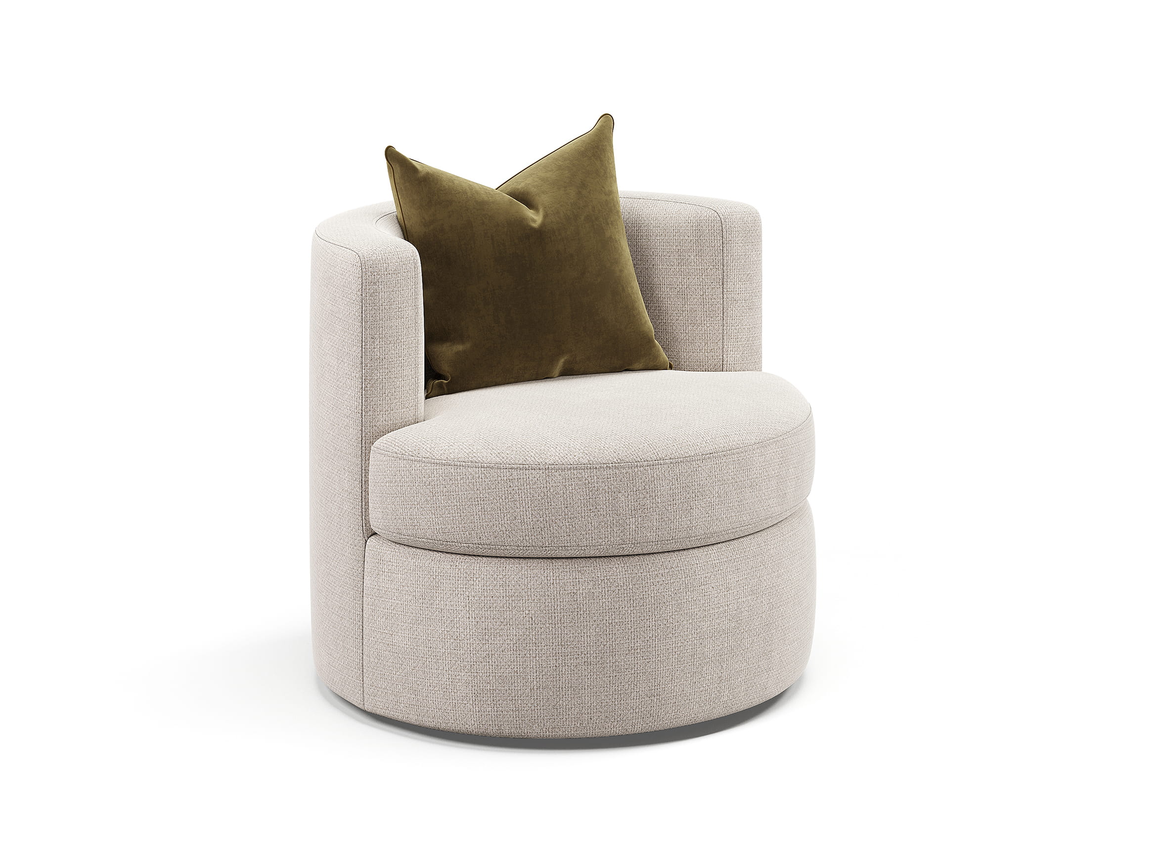 3D render of upholstered swivel chair with rounded design and cushion