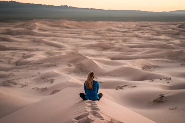 Person standing alone in a wide desert landscape with sand dunes