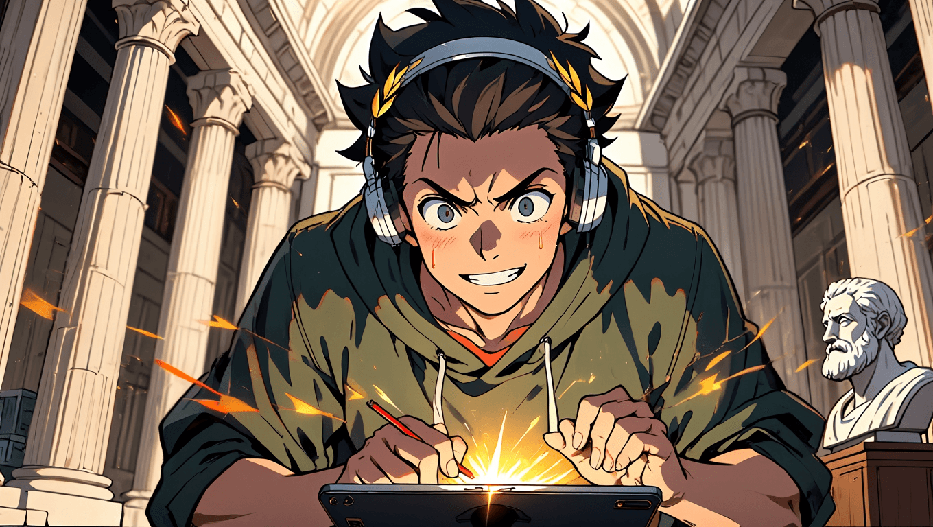 Smiling student using Aistote on a tablet, focused on their studies