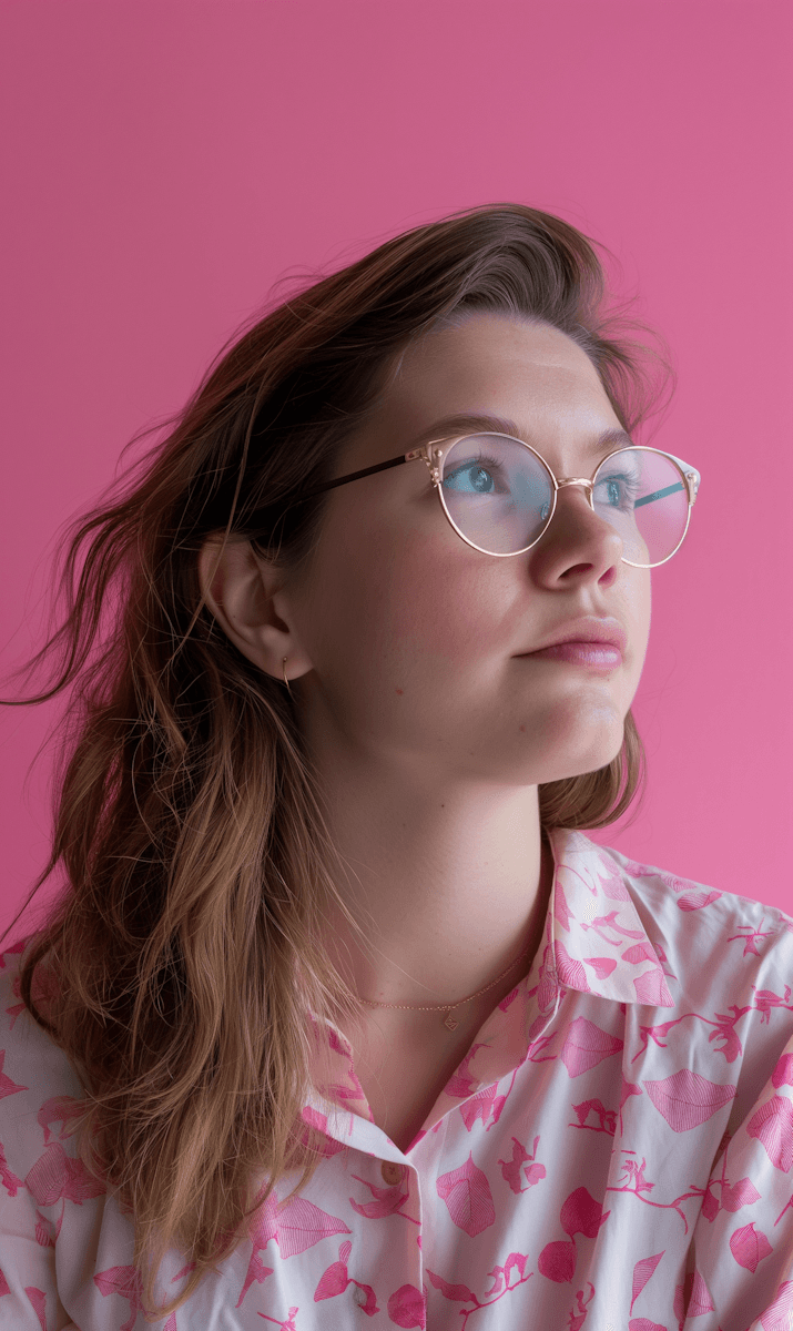 Caucasian person with wavy brown hair, pink floral shirt, and gold necklace against a vibrant pink background. Face blurred for privacy.