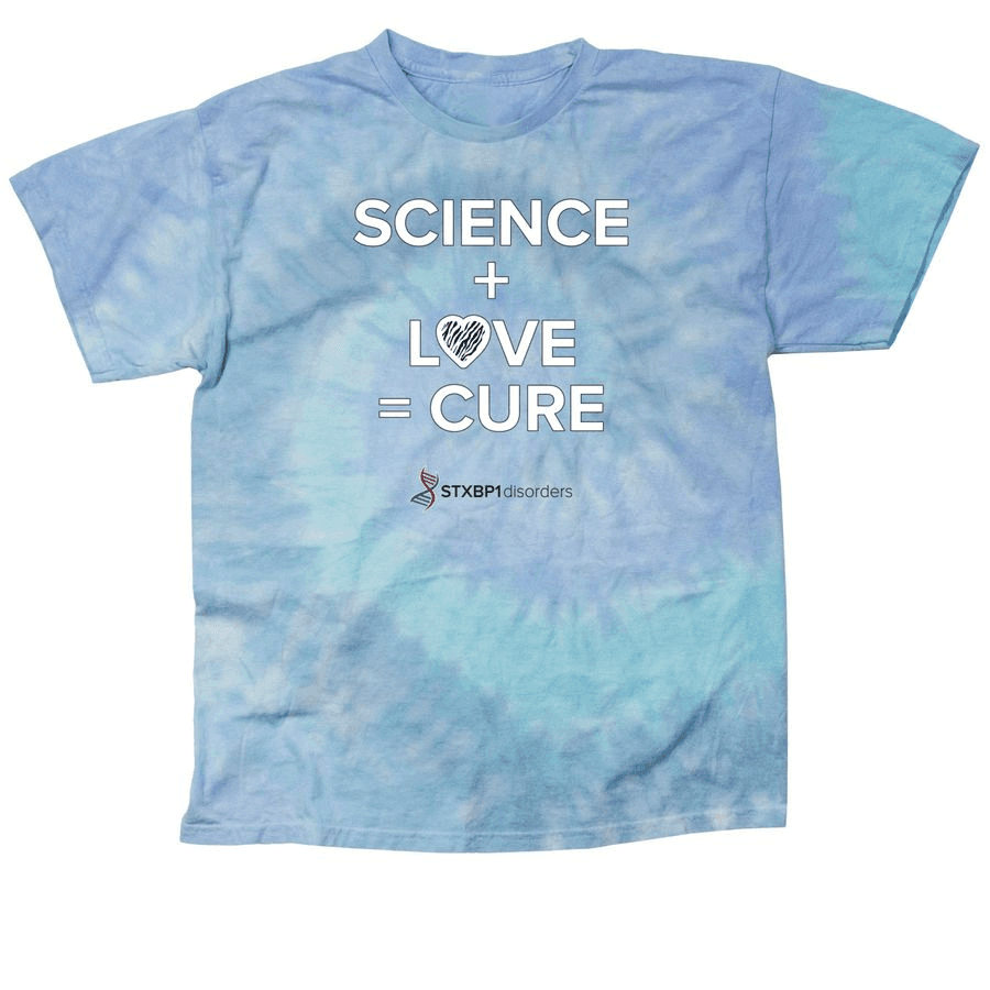 Blue tie-dye STXBP1 - Rare Disease Day shirt.