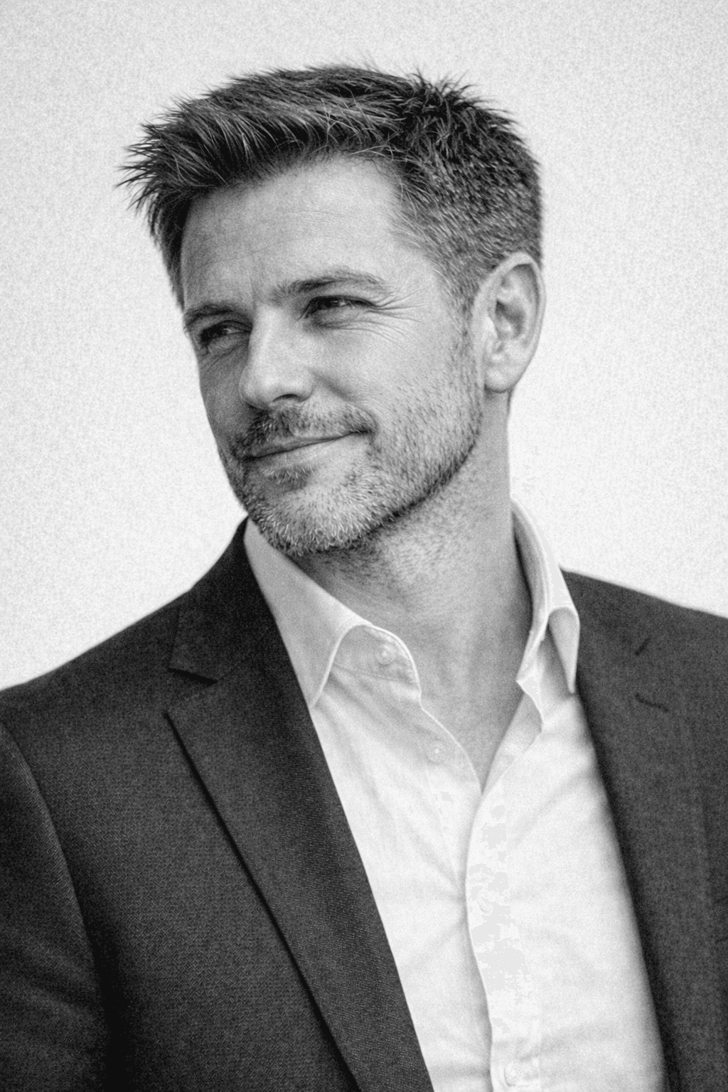 Portrait of a young man with short hair, wearing a dark t-shirt, against a plain background.