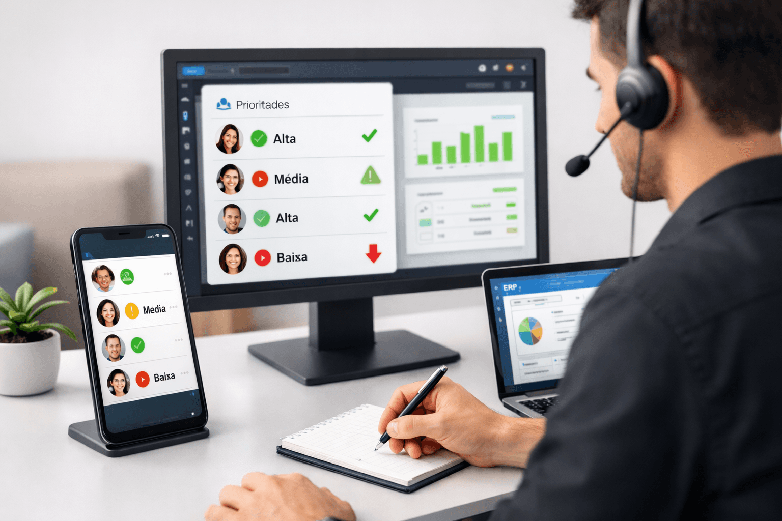 Homem usando headset trabalha em uma mesa com celular, monitor e notebook exibindo listas de clientes e gráficos; ele anota informações enquanto observa prioridades destacadas em verde nas telas.