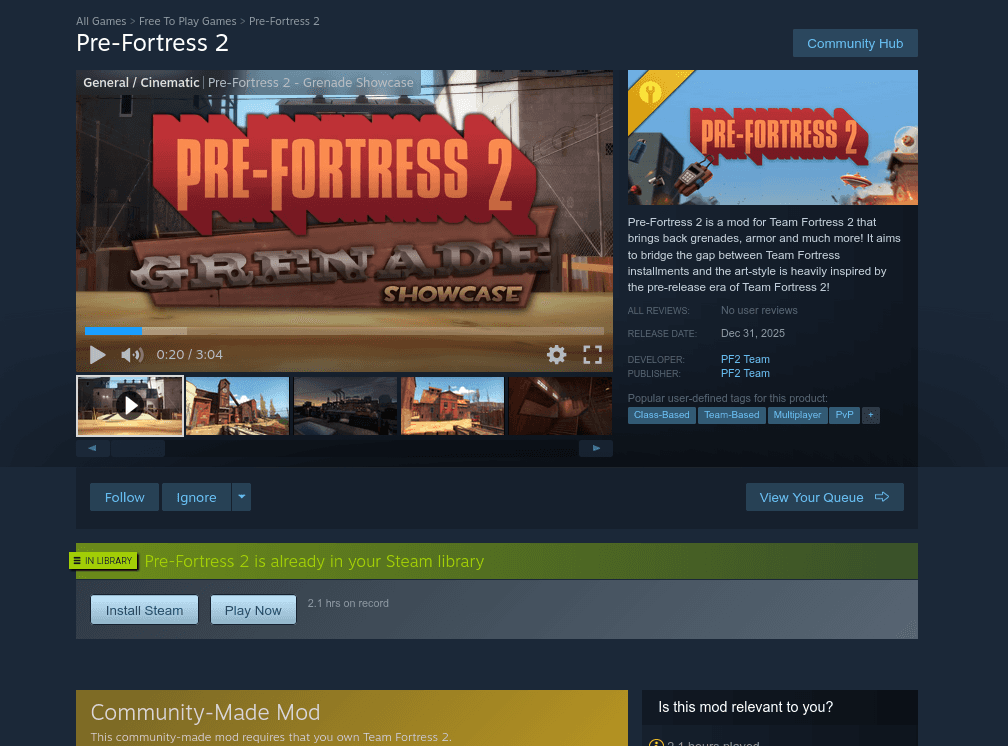 A screenshot of the Steam store page for Pre-Fortress 2.