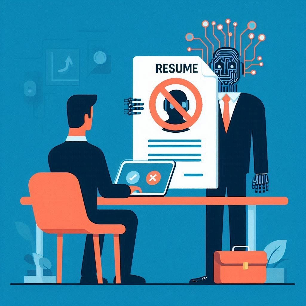 Illustration of a robotic figure in a suit presenting a resume to a seated hiring manager. The resume has a "rejection" symbol. The setting is an office with a tech theme.