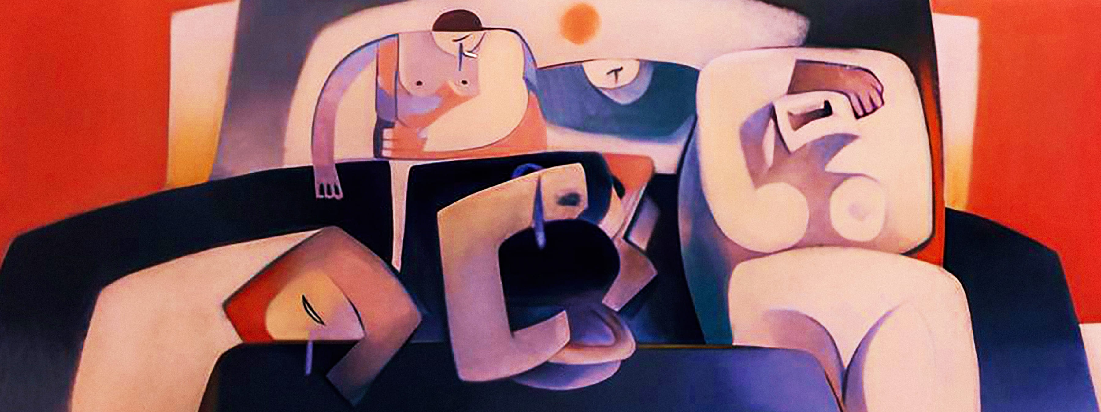 Abstract painting of intertwined human figures with geometric forms and warm tones, exploring fragmentation, balance and movement within a structured composition.