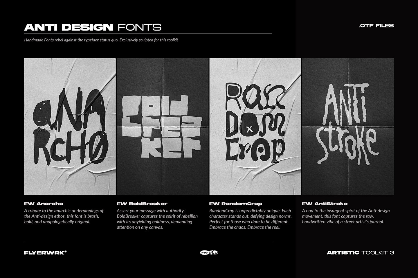 Artistic Toolkit 3 handmade anti design fonts preview including Anarcho and BoldBreaker