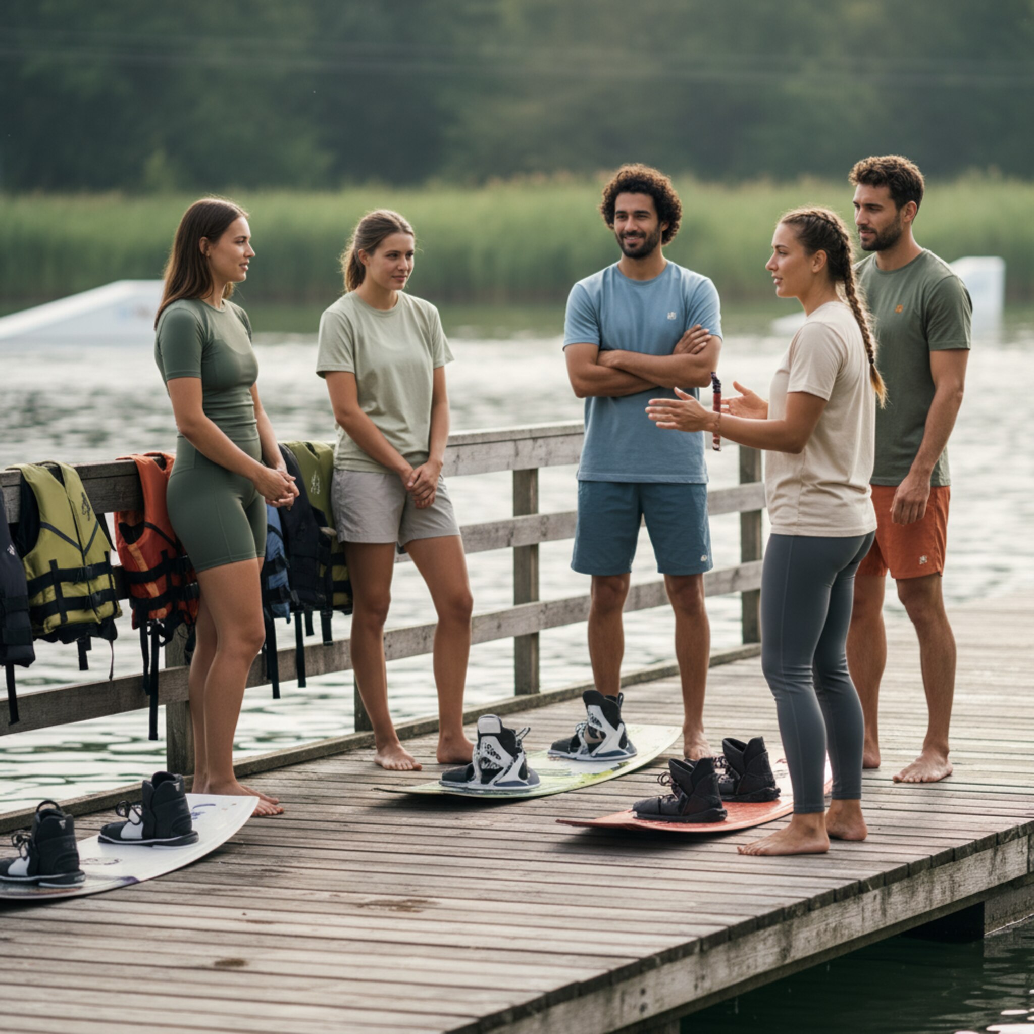 Eine kleine Gruppe steht im Halbkreis am Steg, ein Coach zeigt mit ruhigen Gesten die richtige Startposition. Bretter liegen ordentlich nebeneinander, Westen sind geöffnet und warten auf den Einsatz. Das Licht ist weich, man hört gedämpftes Wasserplätschern. Ein Lächeln löst Anspannung, der Moment vor dem ersten Start ist greifbar.