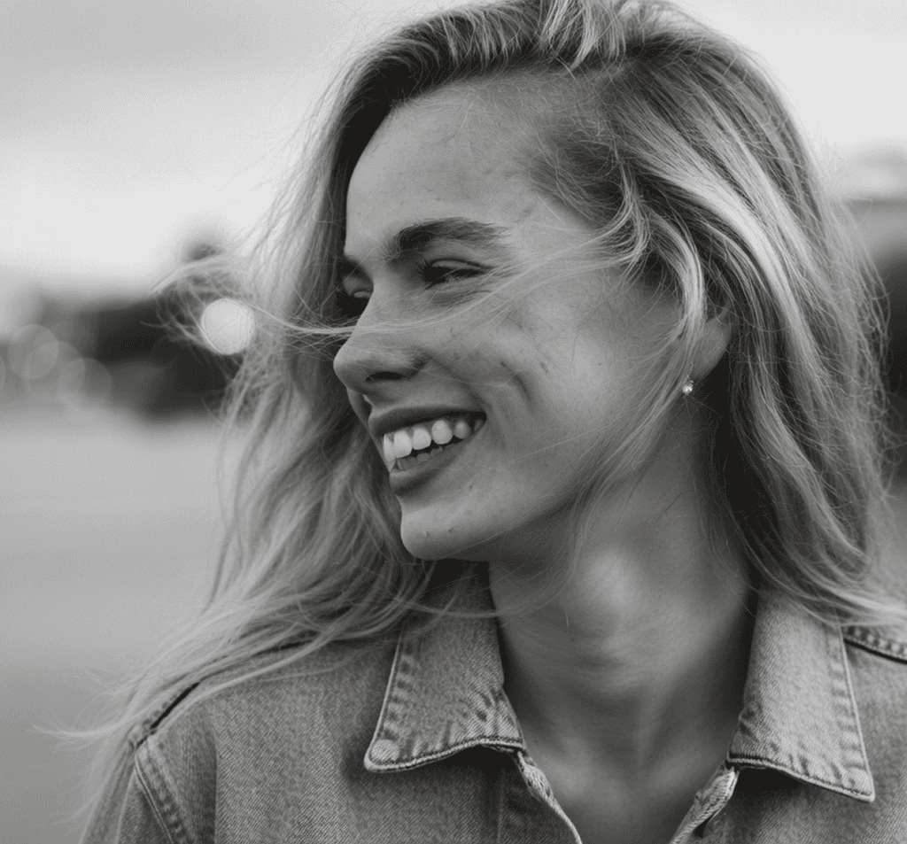 Smiling woman looking sideways in a black and white portrait