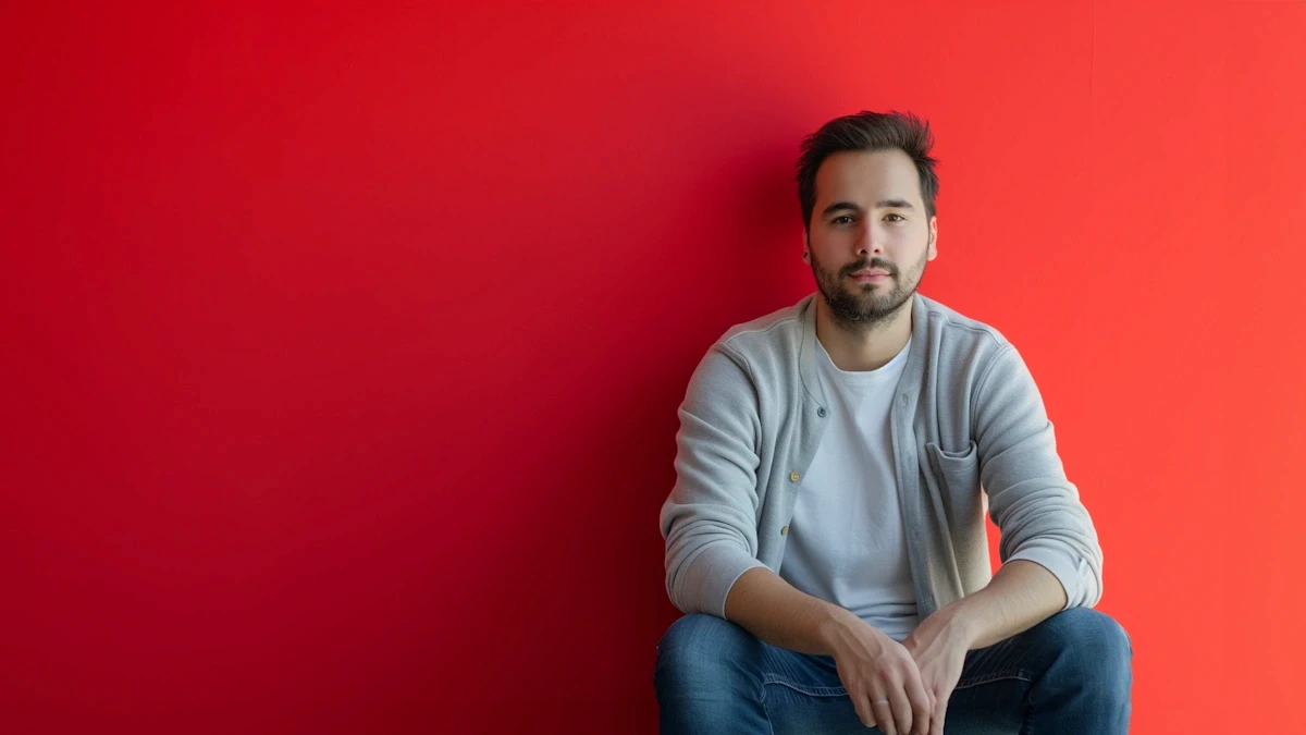 Man with dark hair and beard in casual attire against a vibrant red background, exuding a relaxed and confident vibe.