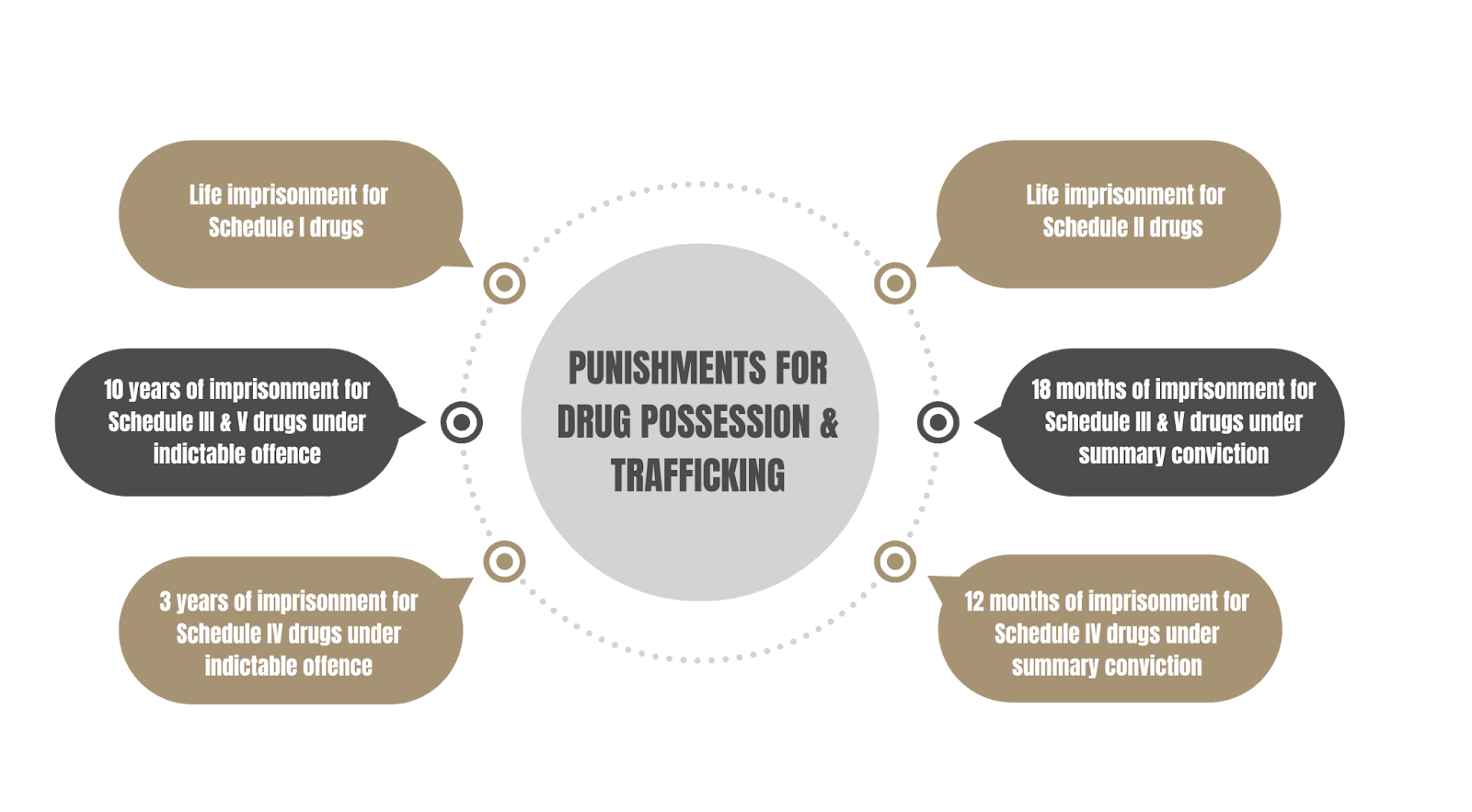 The punishments for drug possession & trafficking charges.