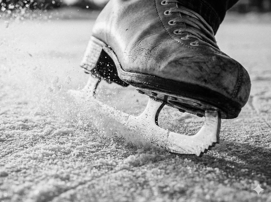 A sharp ice skate cuts through the ice, sending shards of ice flying.
