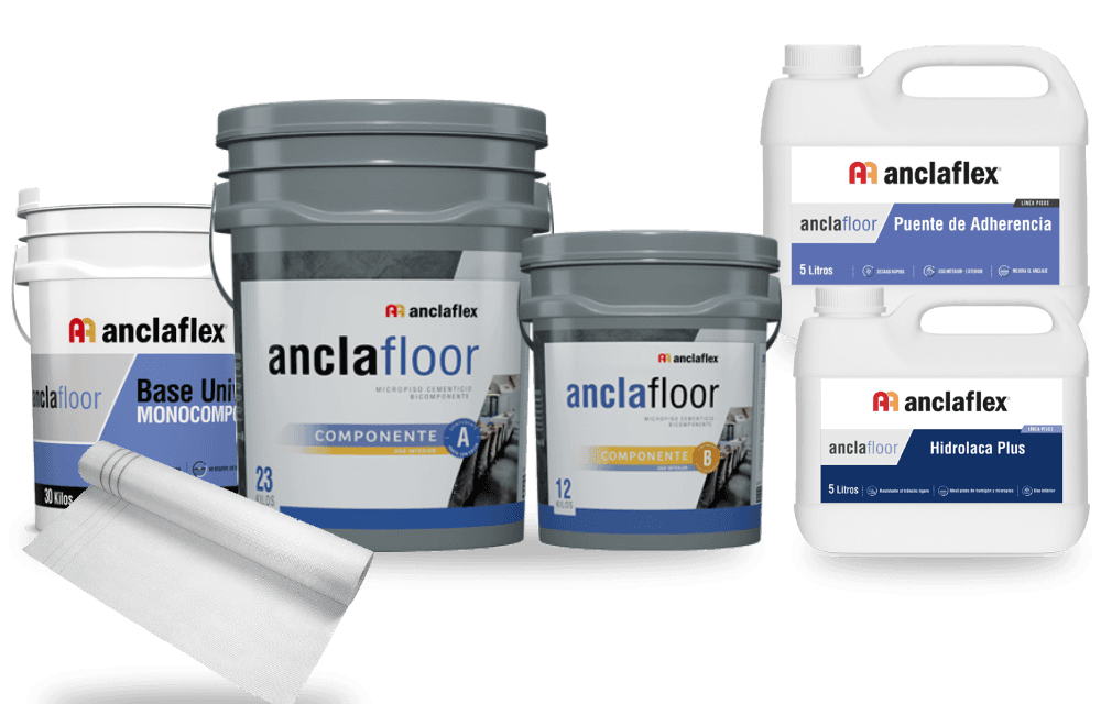 Kit micropiso Anclafloor: puente de adherencia, Base Universal, malla, micropiso A + B e Hidrolaca Plus