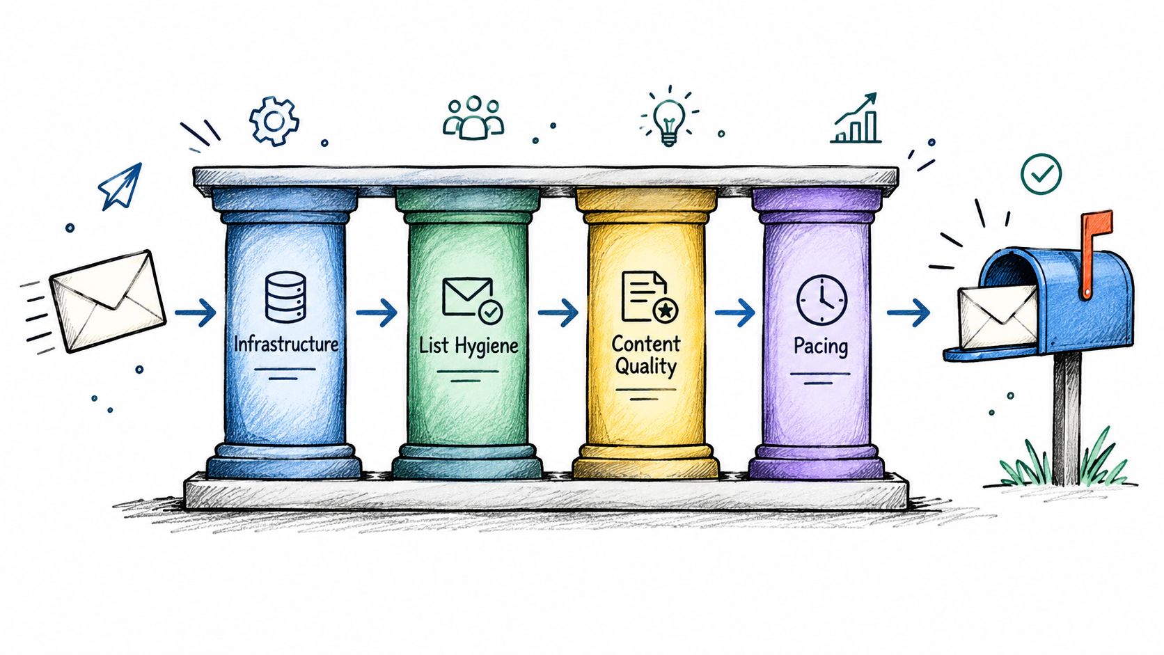 A hand-drawn illustration showing the four key pillars of email deliverability: infrastructure, list hygiene, content quality, and pacing.
